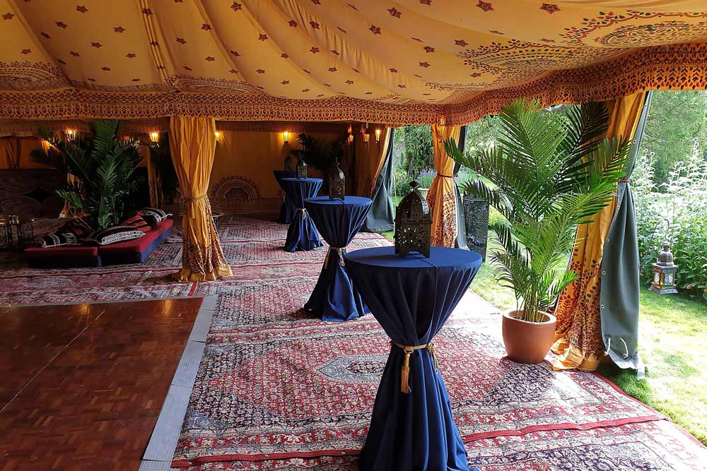 Interior of Large 9x18 Bedouin tent with hand block printed Saffron linings