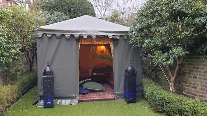 A 3mx3m Bedouin Tent with Saffron Lining and Outdoor Lighting