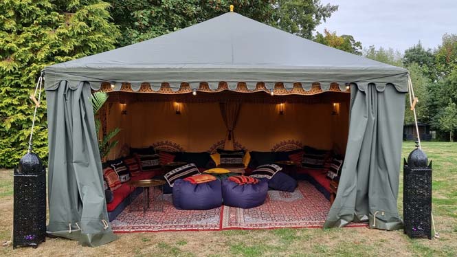 4.5m x 4.5m Bedouin Tent Package with Saffron Lining and Outdoor Lighting