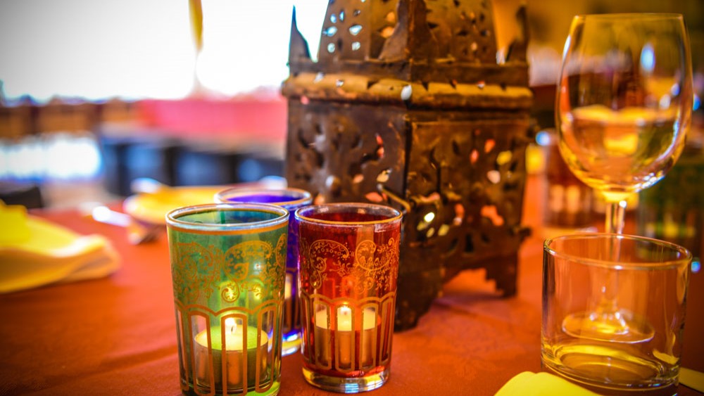 Moroccan Table Decoration Hire, Comprising of Colorful Moroccan Tea Glasses and Candle Lanterns