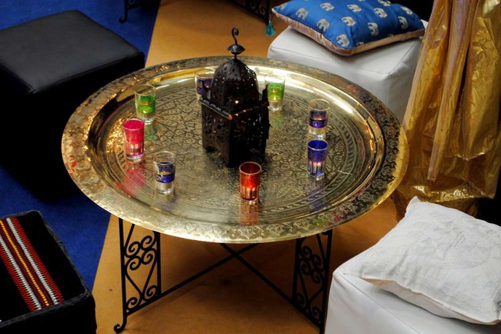 Arabian Brass Coffee Table with Lanterns and Tea Glasses - Stylish Event Centerpiece